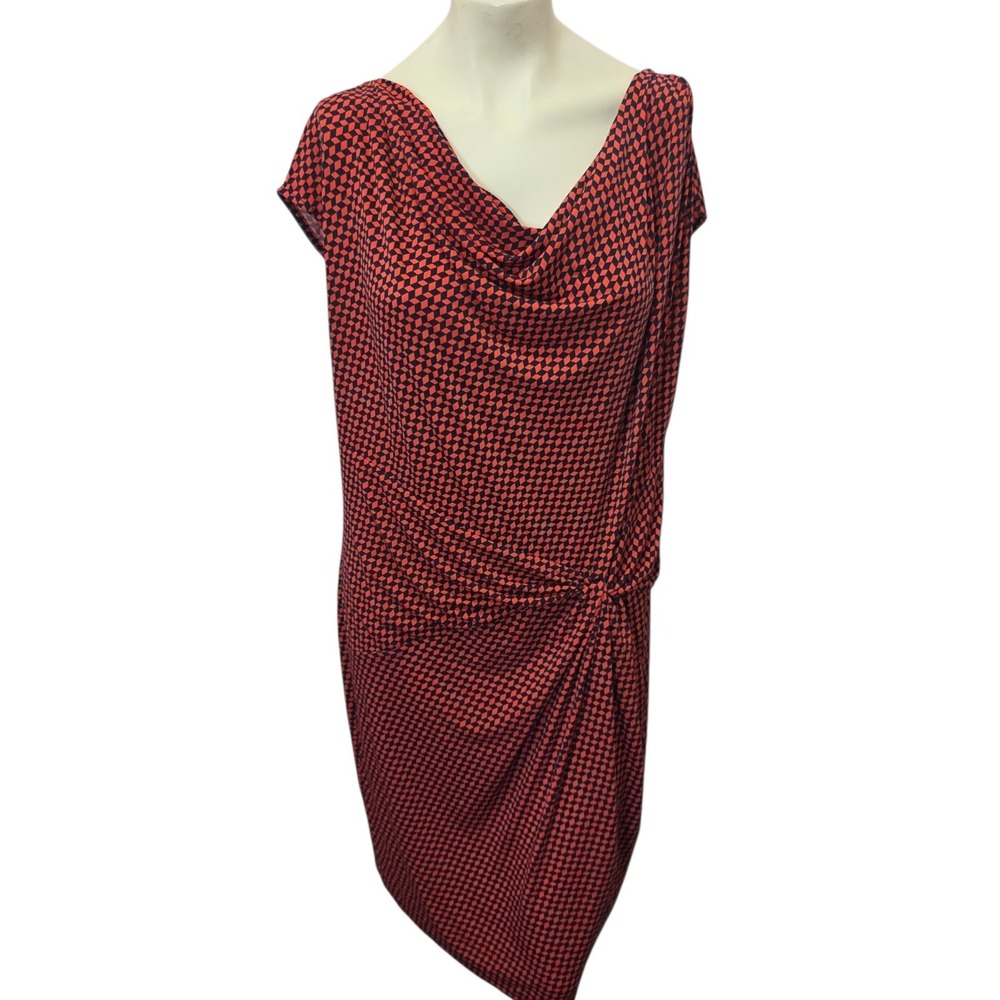 Michael Kors Geometric Print Cowl Neck Ruched Sheath Dress Red Black Size XL
